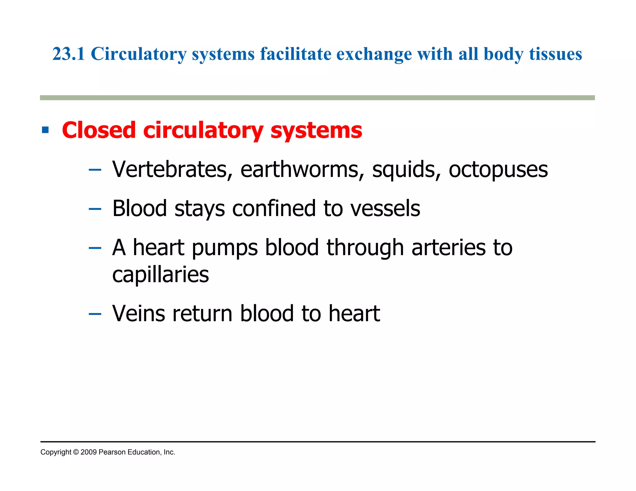 23.1 Circulatory systems facilitate exchange with all body tissues 
 Closed circulatory systems 
– Vertebrates, earthworms, squids, octopuses 
– Blood stays confined to vessels 
– A heart pumps blood through arteries to 
capillaries 
– Veins return blood to heart 
Copyright © 2009 Pearson Education, Inc. 
 