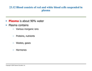 23.12 Blood consists of red and white blood cells suspended in 
plasma 
 Plasma is about 90% water 
 Plasma contains 
– Various inorganic ions 
– Proteins, nutrients 
– Wastes, gases 
– Hormones 
Copyright © 2009 Pearson Education, Inc. 
 
