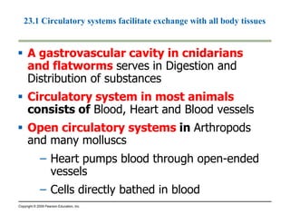 23.1 Circulatory systems facilitate exchange with all body tissues 
 A gastrovascular cavity in cnidarians 
and flatworms serves in Digestion and 
Distribution of substances 
 Circulatory system in most animals 
consists of Blood, Heart and Blood vessels 
 Open circulatory systems in Arthropods 
and many molluscs 
– Heart pumps blood through open-ended 
vessels 
– Cells directly bathed in blood 
Copyright © 2009 Pearson Education, Inc. 
 