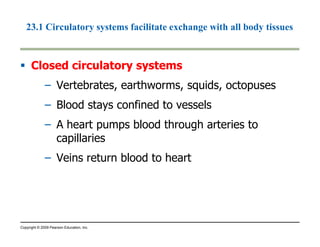 23.1 Circulatory systems facilitate exchange with all body tissues 
 Closed circulatory systems 
– Vertebrates, earthworms, squids, octopuses 
– Blood stays confined to vessels 
– A heart pumps blood through arteries to 
capillaries 
– Veins return blood to heart 
Copyright © 2009 Pearson Education, Inc. 
 