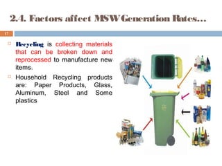  Recycling is collecting materials
that can be broken down and
reprocessed to manufacture new
items.
 Household Recycling products
are: Paper Products, Glass,
Aluminum, Steel and Some
plastics
17
2.4. Factors affect MSWGeneration Rates…
 