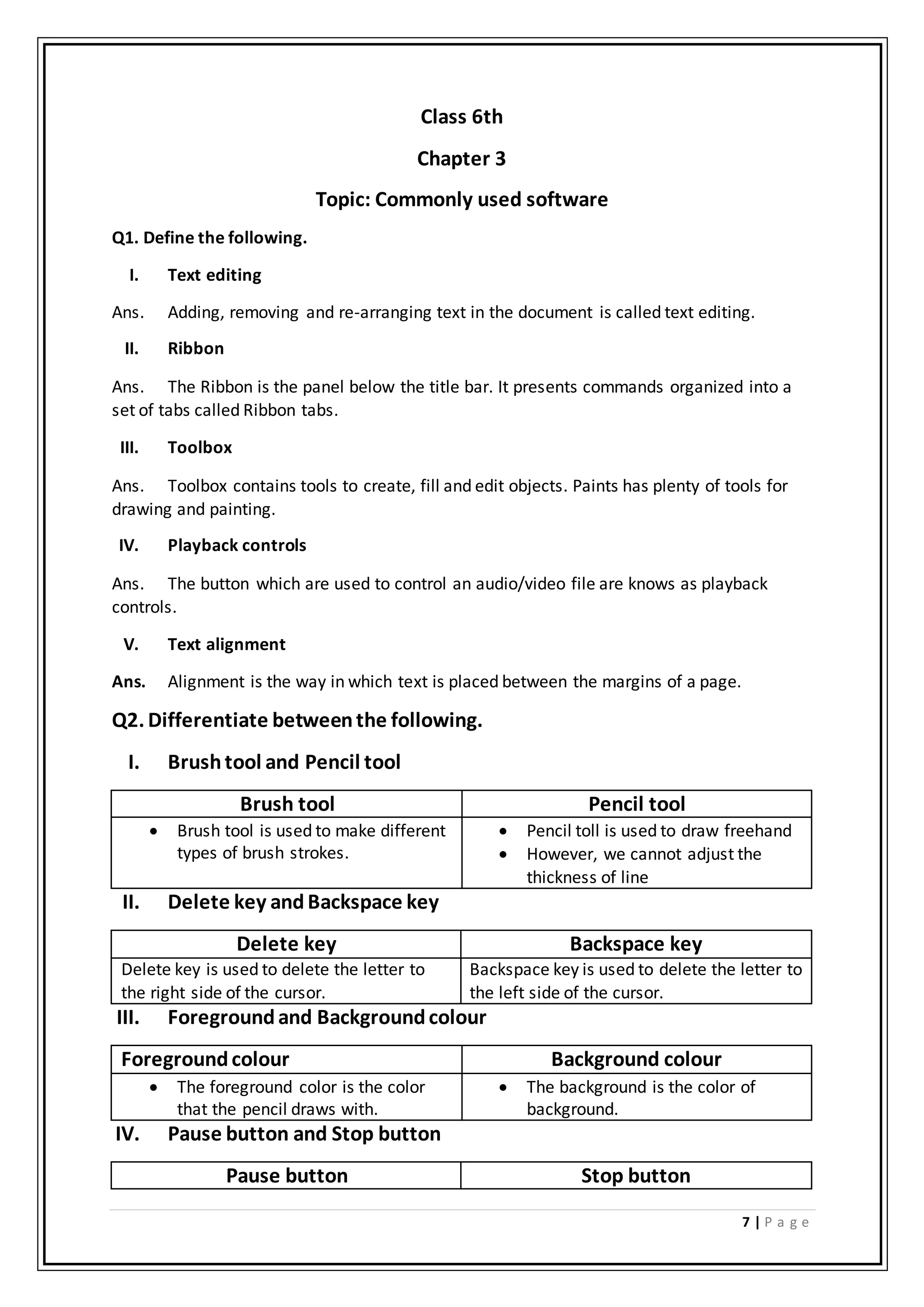 7 | P a g e
Class 6th
Chapter 3
Topic: Commonly used software
Q1. Define the following.
I. Text editing
Ans. Adding, removing and re-arranging text in the document is called text editing.
II. Ribbon
Ans. The Ribbon is the panel below the title bar. It presents commands organized into a
set of tabs called Ribbon tabs.
III. Toolbox
Ans. Toolbox contains tools to create, fill and edit objects. Paints has plenty of tools for
drawing and painting.
IV. Playback controls
Ans. The button which are used to control an audio/video file are knows as playback
controls.
V. Text alignment
Ans. Alignment is the way in which text is placed between the margins of a page.
Q2. Differentiate betweenthe following.
I. Brushtool and Pencil tool
Brush tool Pencil tool
 Brush tool is used to make different
types of brush strokes.
 Pencil toll is used to draw freehand
 However, we cannot adjust the
thickness of line
II. Delete key andBackspace key
Delete key Backspace key
Delete key is used to delete the letter to
the right side of the cursor.
Backspace key is used to delete the letter to
the left side of the cursor.
III. Foregroundand Backgroundcolour
Foregroundcolour Background colour
 The foreground color is the color
that the pencil draws with.
 The background is the color of
background.
IV. Pause button and Stop button
Pause button Stop button
 