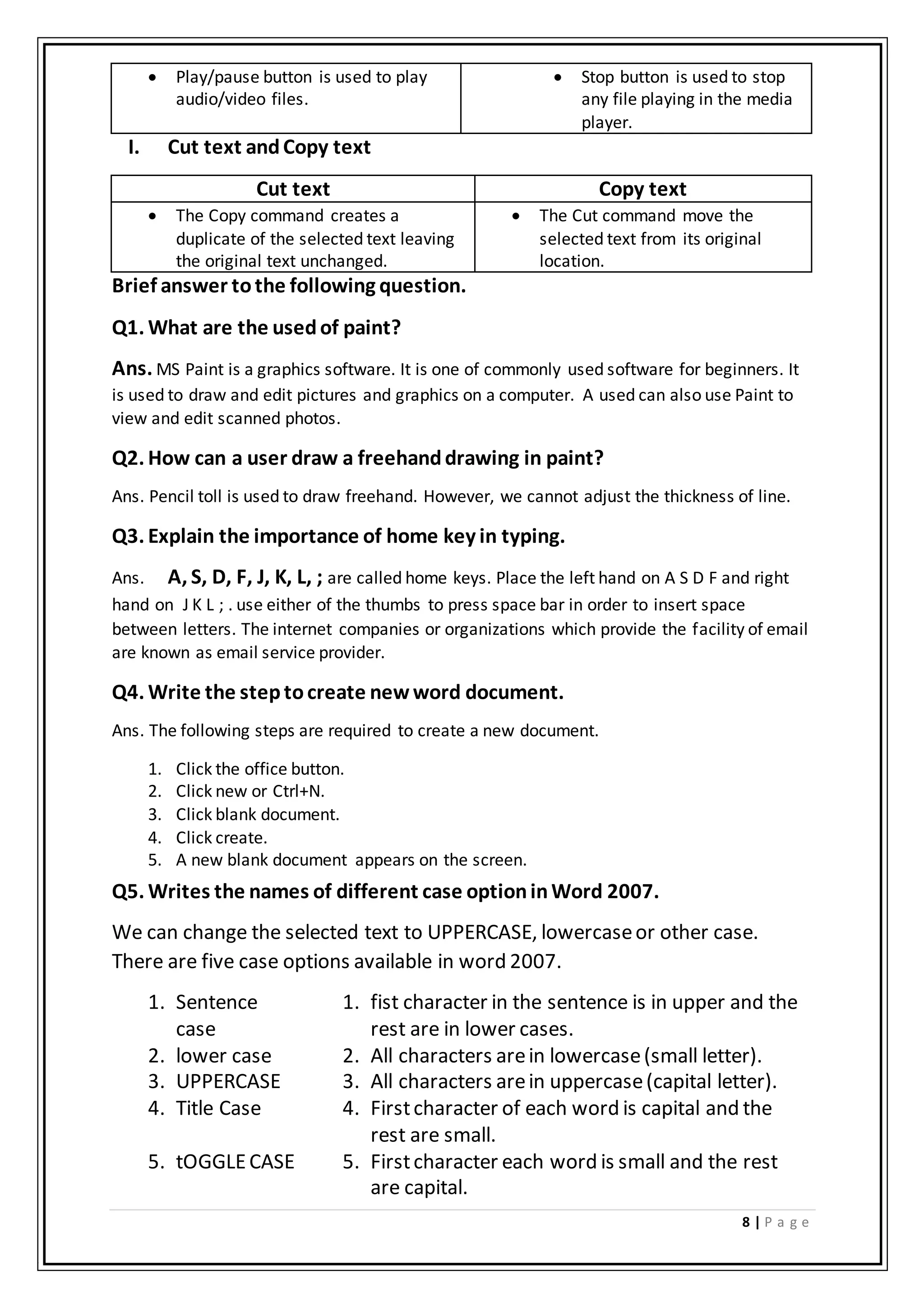 8 | P a g e
 Play/pause button is used to play
audio/video files.
 Stop button is used to stop
any file playing in the media
player.
I. Cut text andCopy text
Cut text Copy text
 The Copy command creates a
duplicate of the selected text leaving
the original text unchanged.
 The Cut command move the
selected text from its original
location.
Brief answer tothe following question.
Q1. What are the usedof paint?
Ans. MS Paint is a graphics software. It is one of commonly used software for beginners. It
is used to draw and edit pictures and graphics on a computer. A used can also use Paint to
view and edit scanned photos.
Q2. How can a user draw a freehanddrawing in paint?
Ans. Pencil toll is used to draw freehand. However, we cannot adjust the thickness of line.
Q3. Explain the importance of home key in typing.
Ans. A, S, D, F, J, K, L, ; are called home keys. Place the left hand on A S D F and right
hand on J K L ; . use either of the thumbs to press space bar in order to insert space
between letters. The internet companies or organizations which provide the facility of email
are known as email service provider.
Q4. Write the steptocreate new word document.
Ans. The following steps are required to create a new document.
1. Click the office button.
2. Click new or Ctrl+N.
3. Click blank document.
4. Click create.
5. A new blank document appears on the screen.
Q5. Writes the names of different case optioninWord 2007.
We can change the selected text to UPPERCASE, lowercaseor other case.
There are five case options available in word 2007.
1. Sentence
case
2. lower case
3. UPPERCASE
4. Title Case
5. tOGGLECASE
1. fist character in the sentence is in upper and the
rest are in lower cases.
2. All characters arein lowercase(small letter).
3. All characters arein uppercase(capital letter).
4. Firstcharacter of each word is capital and the
rest are small.
5. Firstcharacter each word is small and the rest
are capital.
 