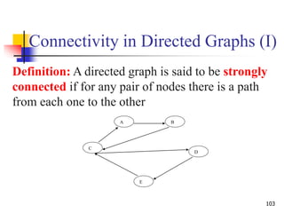 103
Connectivity in Directed Graphs (I)
Definition: A directed graph is said to be strongly
connected if for any pair of nodes there is a path
from each one to the other
A B
C
D
E
 