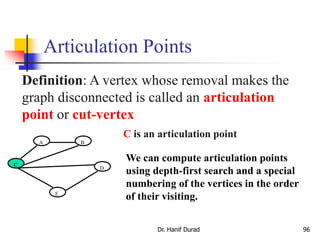 Articulation Points
Dr. Hanif Durad 96
Definition: A vertex whose removal makes the
graph disconnected is called an articulation
point or cut-vertex
A B
C
D
E
C is an articulation point
We can compute articulation points
using depth-first search and a special
numbering of the vertices in the order
of their visiting.
 