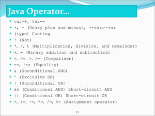  var++, var--
 +, - (Unary plus and minus), ++var,--var
 (type) Casting
 ! (Not)
 *, /, % (Multiplication, division, and remainder)
 +, - (Binary addition and subtraction)
 <, <=, >, >= (Comparison)
 ==, !=; (Equality)
 & (Unconditional AND)
 ^ (Exclusive OR)
 | (Unconditional OR)
 && (Conditional AND) Short-circuit AND
 || (Conditional OR) Short-circuit OR
 =, +=, -=, *=, /=, %= (Assignment operator)
21
Java Operator…
 