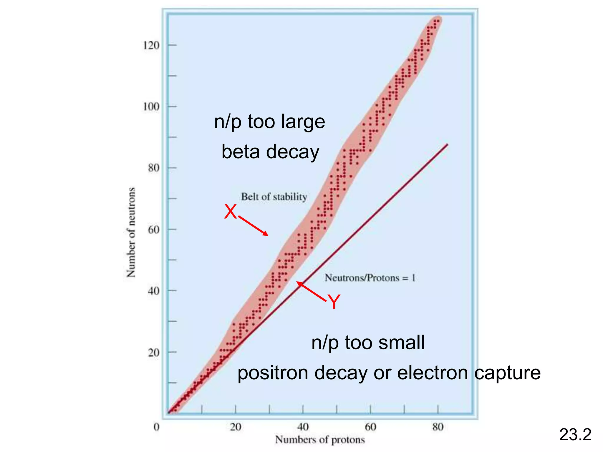 n/p too large
beta decay
X
n/p too small
positron decay or electron capture
Y
23.2
 