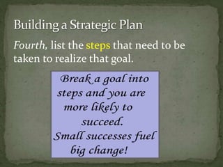 Fourth, list the steps that need to be
taken to realize that goal.
 