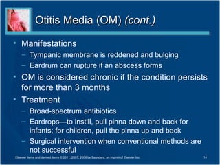 Otitis Media (OM)Otitis Media (OM) (cont.)(cont.)
• Manifestations
– Tympanic membrane is reddened and bulging
– Eardrum can rupture if an abscess forms
• OM is considered chronic if the condition persists
for more than 3 months
• Treatment
– Broad-spectrum antibiotics
– Eardrops—to instill, pull pinna down and back for
infants; for children, pull the pinna up and back
– Surgical intervention when conventional methods are
not successful
14Elsevier items and derived items © 2011, 2007, 2006 by Saunders, an imprint of Elsevier Inc.
 