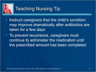 Teaching Nursing TipTeaching Nursing Tip
• Instruct caregivers that the child’s condition
may improve dramatically after antibiotics are
taken for a few days
• To prevent recurrence, caregivers must
continue to administer the medication until
the prescribed amount has been completed
15Elsevier items and derived items © 2011, 2007, 2006 by Saunders, an imprint of Elsevier Inc.
 