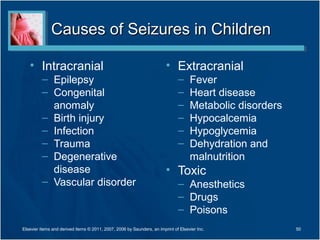 Causes of Seizures in ChildrenCauses of Seizures in Children
• Intracranial
– Epilepsy
– Congenital
anomaly
– Birth injury
– Infection
– Trauma
– Degenerative
disease
– Vascular disorder
• Extracranial
– Fever
– Heart disease
– Metabolic disorders
– Hypocalcemia
– Hypoglycemia
– Dehydration and
malnutrition
• Toxic
– Anesthetics
– Drugs
– Poisons
Elsevier items and derived items © 2011, 2007, 2006 by Saunders, an imprint of Elsevier Inc. 50
 