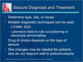 Seizure Diagnosis and TreatmentSeizure Diagnosis and Treatment
• Determine type, site, or cause
• Multiple diagnostic techniques can be used
– CT/MRI, EEG
– Laboratory tests to rule out poisoning or
electrolyte abnormalities
• Drug of choice depends on the type of
seizure
• Diet changes may be needed for patients
who do not respond well to anticonvulsants
Elsevier items and derived items © 2011, 2007, 2006 by Saunders, an imprint of Elsevier Inc. 53
 