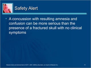 Safety AlertSafety Alert
• A concussion with resulting amnesia and
confusion can be more serious than the
presence of a fractured skull with no clinical
symptoms
71Elsevier items and derived items © 2011, 2007, 2006 by Saunders, an imprint of Elsevier Inc.
 