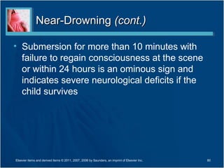 Near-DrowningNear-Drowning (cont.)(cont.)
• Submersion for more than 10 minutes with
failure to regain consciousness at the scene
or within 24 hours is an ominous sign and
indicates severe neurological deficits if the
child survives
80Elsevier items and derived items © 2011, 2007, 2006 by Saunders, an imprint of Elsevier Inc.
 
