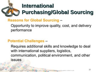 InternationalInternational
Purchasing/Global SourcingPurchasing/Global Sourcing
Reasons for Global Sourcing –
Opportunity to improve quality, cost, and delivery
performance
Potential Challenges –
Requires additional skills and knowledge to deal
with international suppliers, logistics,
communication, political environment, and other
issues
©2012 Cengage Learning. All Rights Reserved. May not be scanned, copied or duplicated, or posted to a publicly accessible website, in whole or in part.
31
 