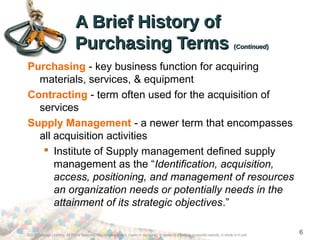 A Brief History ofA Brief History of
Purchasing TermsPurchasing Terms ((ContinuedContinued))
Purchasing - key business function for acquiring
materials, services, & equipment
Contracting - term often used for the acquisition of
services
Supply Management - a newer term that encompasses
all acquisition activities
 Institute of Supply management defined supply
management as the “Identification, acquisition,
access, positioning, and management of resources
an organization needs or potentially needs in the
attainment of its strategic objectives.”
©2012 Cengage Learning. All Rights Reserved. May not be scanned, copied or duplicated, or posted to a publicly accessible website, in whole or in part.
6
 