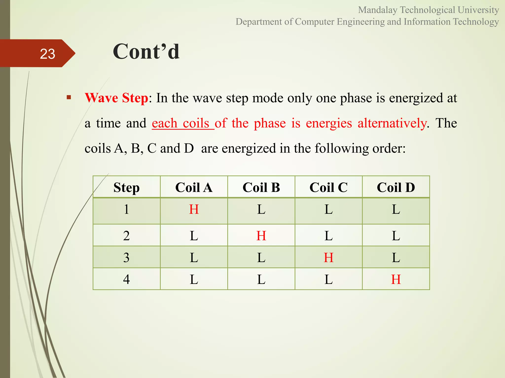 Cont’d
 Wave Step: In the wave step mode only one phase is energized at
a time and each coils of the phase is energies alternatively. The
coils A, B, C and D are energized in the following order:
23
Step Coil A Coil B Coil C Coil D
1 H L L L
2 L H L L
3 L L H L
4 L L L H
Mandalay Technological University
Department of Computer Engineering and Information Technology
 
