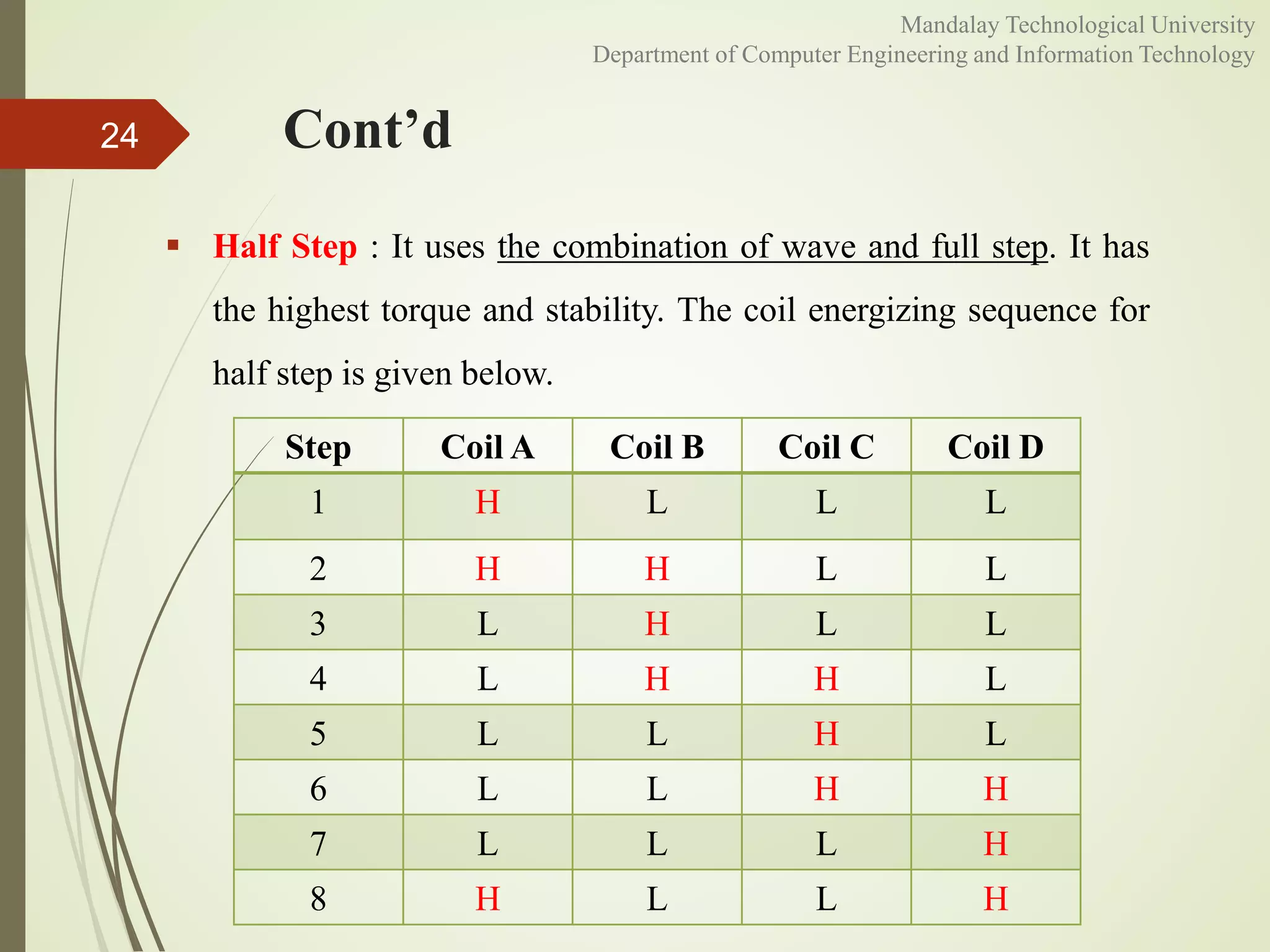 Cont’d
 Half Step : It uses the combination of wave and full step. It has
the highest torque and stability. The coil energizing sequence for
half step is given below.
24
Step Coil A Coil B Coil C Coil D
1 H L L L
2 H H L L
3 L H L L
4 L H H L
5 L L H L
6 L L H H
7 L L L H
8 H L L H
Mandalay Technological University
Department of Computer Engineering and Information Technology
 