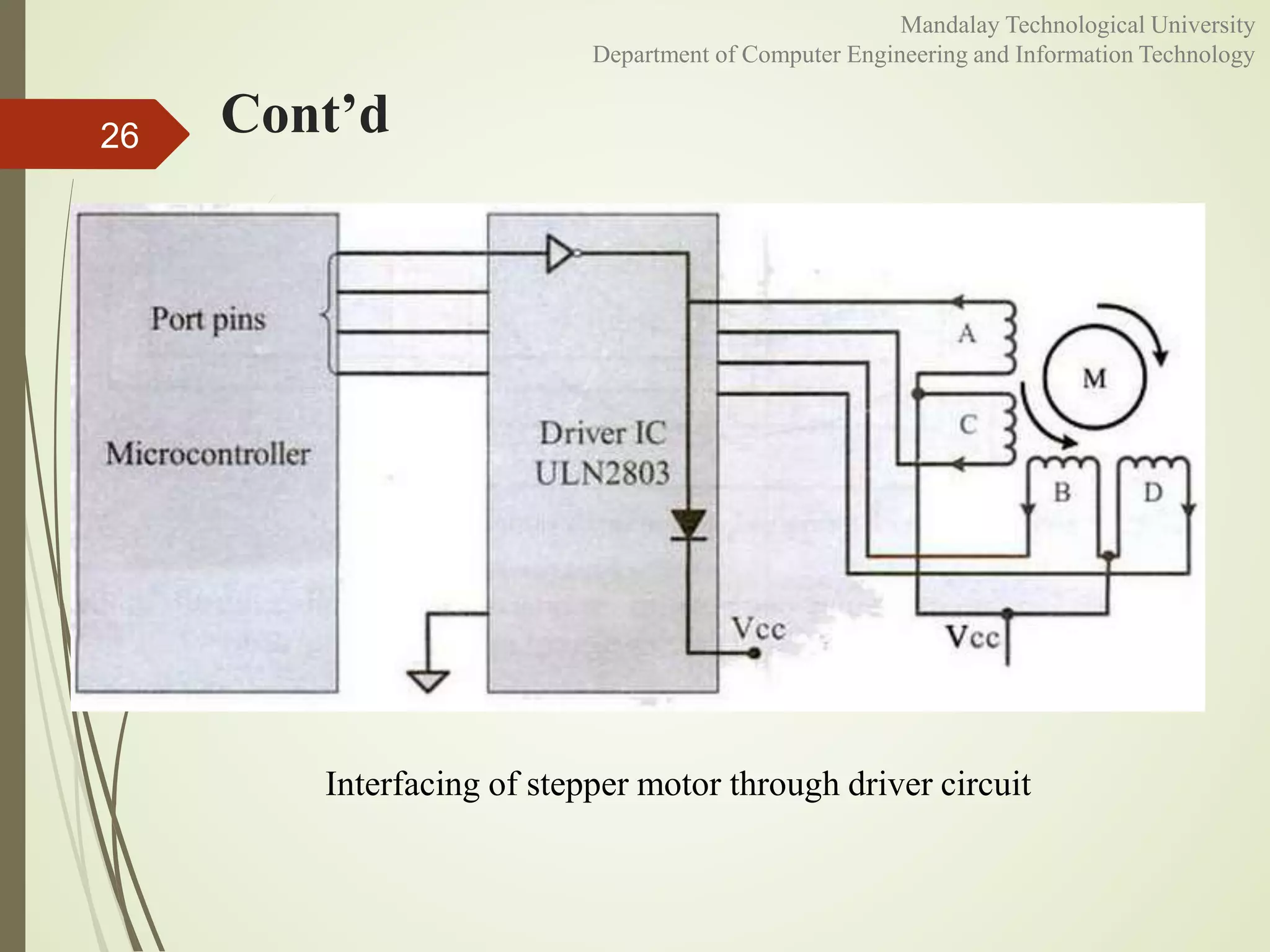Cont’d26
Interfacing of stepper motor through driver circuit
Mandalay Technological University
Department of Computer Engineering and Information Technology
 