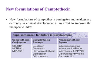 New formulations of Camptothecin
• New formulations of camptothecin conjugates and analogs are
currently in clinical development in an effort to improve the
therapeutic index
 