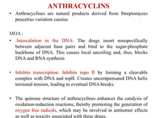 ANTHRACYCLINS
• Anthracyclines are natural products derived from Streptomyces
peucetius variation caesius
MOA :
• Intercalation in the DNA: The drugs insert nonspecifically
between adjacent base pairs and bind to the sugar-phosphate
backbone of DNA. This causes local uncoiling and, thus, blocks
DNA and RNA synthesis
• Inhibits transcription: Inhibits topo II by forming a cleavable
complex with DNA and topII. Creates uncompensated DNA helix
torsional tension, leading to eventual DNA breaks.
• The quinone structure of anthracyclines enhances the catalysis of
oxidation-reduction reactions, thereby promoting the generation of
oxygen free radicals, which may be involved in antitumor effects
as well as toxicity associated with these drugs.
 