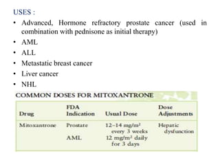 USES :
• Advanced, Hormone refractory prostate cancer (used in
combination with pednisone as initial therapy)
• AML
• ALL
• Metastatic breast cancer
• Liver cancer
• NHL
 