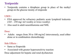 Teniposide
• Teniposide contains a thiophene group in place of the methyl
group on the glucose moiety of etoposide
USES :
• FDA approved for refractory pediatric acute lymphoid leukemia
(165 – 250 mg/ m2 weekly or twice weekly)
• Also used in adult neuroblastoma and NHL
Dose:
• Adults: ranges from 30 to 100 mg/m2 intravenously, used either
alone or in combination chemotherapy
Side Effects :
• Same as Etoposide
• Associated with greater hypersensitivty reaction
Dose adjustment for hepatic and renal dysfunction
 