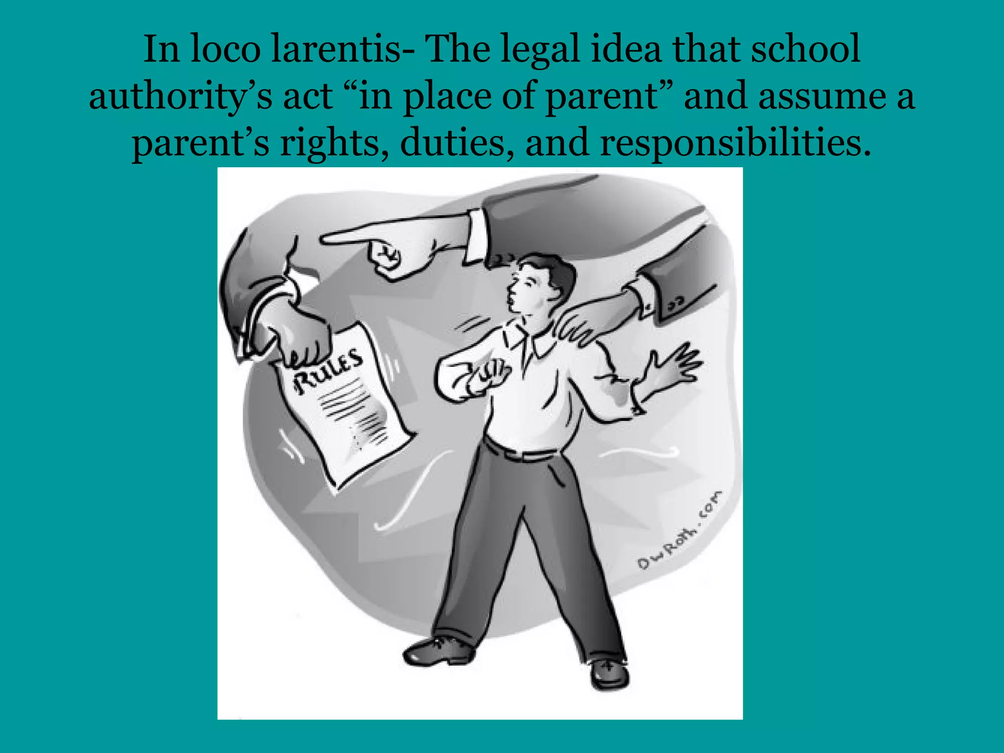 In loco larentis- The legal idea that school authority’s act “in place of parent” and assume a parent’s rights, duties, and responsibilities. 