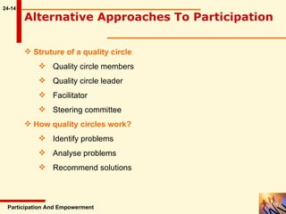 24-14 Participation And Empowerment Struture of a quality circle Quality circle members Quality circle leader Facilitator Steering committee How quality circles work? Identify problems Analyse problems Recommend solutions Alternative Approaches To Participation   