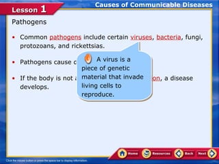 Causes of Communicable Diseases
Lesson 1
Pathogens

• Common pathogens include certain viruses, bacteria, fungi,
  protozoans, and rickettsias.

• Pathogens cause diseases. virus is a
                             A virus is a
                              A
                       piece of genetic
                        piece of genetic
• If the body is not able to fight off invade
                       material that invade
                        material that an infection, a disease
  develops.            living cells to
                        living cells to
                       reproduce.
                        reproduce.
 