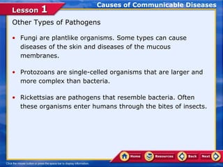 Causes of Communicable Diseases
Lesson 1
Other Types of Pathogens

• Fungi are plantlike organisms. Some types can cause
  diseases of the skin and diseases of the mucous
  membranes.

• Protozoans are single-celled organisms that are larger and
  more complex than bacteria.

• Rickettsias are pathogens that resemble bacteria. Often
  these organisms enter humans through the bites of insects.
 