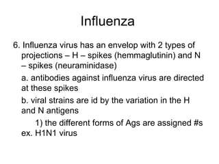 Influenza  6. Influenza virus has an envelop with 2 types of projections – H – spikes (hemmaglutinin) and N – spikes (neuraminidase)  a. antibodies against influenza virus are directed at these spikes b. viral strains are id by the variation in the H and N antigens 1) the different forms of Ags are assigned #s ex. H1N1 virus 