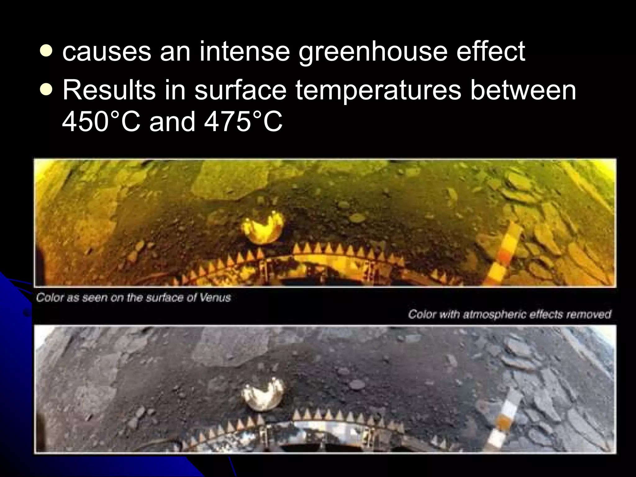 causes an intense greenhouse effect Results in surface temperatures between 450 °C and 475°C 