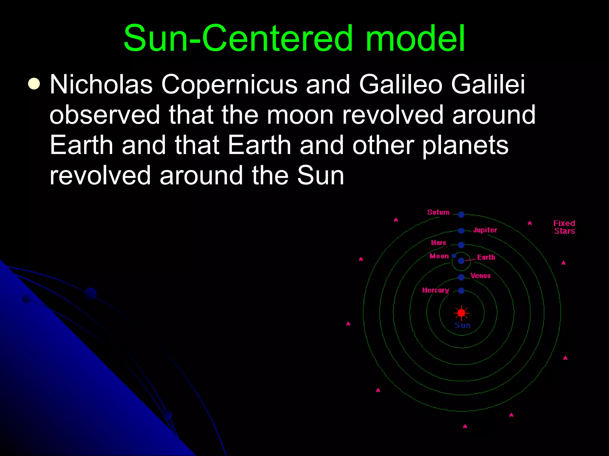 Sun-Centered model Nicholas Copernicus and Galileo Galilei observed that the moon revolved around Earth and that Earth and other planets revolved around the Sun 