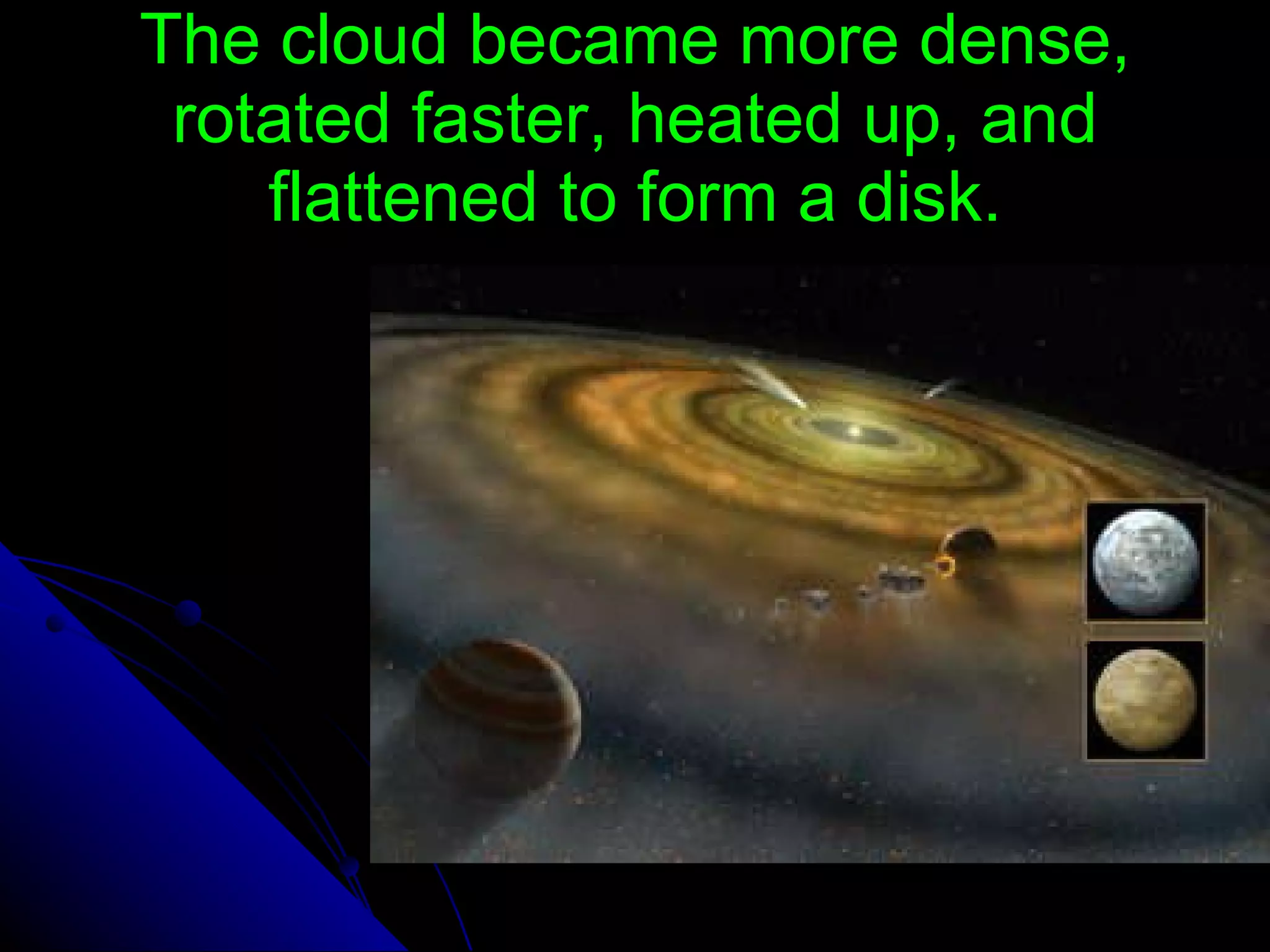 The cloud became more dense, rotated faster, heated up, and flattened to form a disk. 