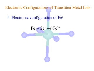 Electronic Configurations of Transition Metal Ions

    Electronic configuration of Fe2+

                Fe – 2e- → Fe2+
 