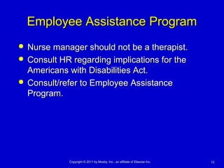 1313Copyright © 2011 by Mosby, Inc., an affiliate of Elsevier Inc.Copyright © 2011 by Mosby, Inc., an affiliate of Elsevier Inc.
Employee Assistance ProgramEmployee Assistance Program
 Nurse manager should not be a therapist.Nurse manager should not be a therapist.
 Consult HR regarding implications for theConsult HR regarding implications for the
Americans with Disabilities Act.Americans with Disabilities Act.
 Consult/refer to Employee AssistanceConsult/refer to Employee Assistance
Program.Program.
 