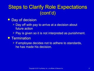1717Copyright © 2011 by Mosby, Inc., an affiliate of Elsevier Inc.Copyright © 2011 by Mosby, Inc., an affiliate of Elsevier Inc.
Steps to Clarify Role ExpectationsSteps to Clarify Role Expectations
(cont’d)(cont’d)
 Day of decisionDay of decision
 Day off with pay to arrive at a decision aboutDay off with pay to arrive at a decision about
future actionfuture action
 Pay is given so it is not interpreted as punishment.Pay is given so it is not interpreted as punishment.
 TerminationTermination
 If employee decides not to adhere to standards,If employee decides not to adhere to standards,
he has made his decision.he has made his decision.
 
