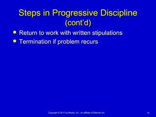 1919Copyright © 2011 by Mosby, Inc., an affiliate of Elsevier Inc.Copyright © 2011 by Mosby, Inc., an affiliate of Elsevier Inc.
Steps in Progressive DisciplineSteps in Progressive Discipline
(cont’d)(cont’d)
 Return to work with written stipulationsReturn to work with written stipulations
 Termination if problem recursTermination if problem recurs
 