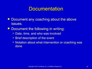 2020Copyright © 2011 by Mosby, Inc., an affiliate of Elsevier Inc.Copyright © 2011 by Mosby, Inc., an affiliate of Elsevier Inc.
DocumentationDocumentation
 Document any coaching about the aboveDocument any coaching about the above
issues.issues.
 Document the following in writing:Document the following in writing:
 Date, time, and who was involvedDate, time, and who was involved
 Brief description of the eventBrief description of the event
 Notation about what intervention or coaching wasNotation about what intervention or coaching was
donedone
 