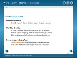 Copyright © by Houghton Mifflin Harcourt Publishing Company
NextPrevious
Chapter 24
World History: Patterns of Interaction
The Third Republic
• In 1848, Paris mob overthrows monarchy, sets up republic
• Radicals split by infighting; moderates control new government
• 1848 constitution calls for elected president and parliament
France Accepts a Strong Ruler
• Louis-Napoleon—Napoleon’s nephew—elected president
• Later takes the title of emperor, promotes industrialization
Radicals Change France
Conservative Defeat
• In 1830, France’s Charles X fails to restore absolute monarchy
 