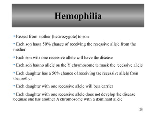 Hemophilia Passed from mother (heterozygote) to son Each son has a 50% chance of receiving the recessive allele from the mother  Each son with one recessive allele will have the disease Each son has no allele on the Y chromosome to mask the recessive allele Each daughter has a 50% chance of receiving the recessive allele from the mother Each daughter with one recessive allele will be a carrier Each daughter with one recessive allele does not develop the disease because she has another X chromosome with a dominant allele  