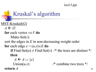 Kruskal’s algorithm
MST-Kruskal(G)
A  
for each vertex vV do
Make-Set(v)
sort the edges in E in non-decreasing weight order
for each edge e = (u,v)E do
if Find-Set(u) ≠ Find-Set(v) /* the trees are distinct */
then
A  A  {e}
Union(u,v) /* combine two trees */
return A 21
lect13.ppt
 