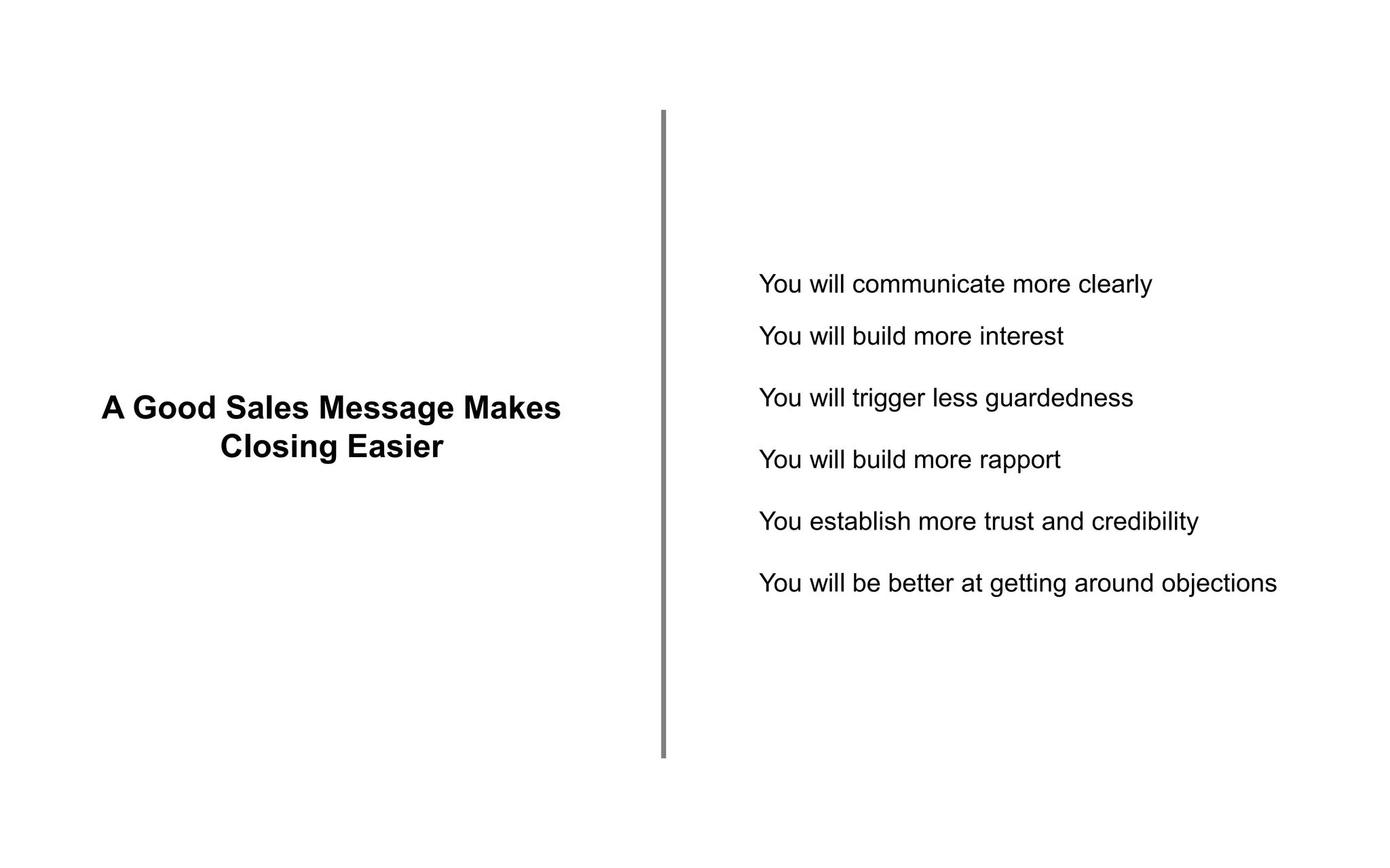 A Good Sales Message Makes
Closing Easier
You will communicate more clearly
You will build more interest
You will trigger less guardedness
You will build more rapport
You establish more trust and credibility
You will be better at getting around objections
 