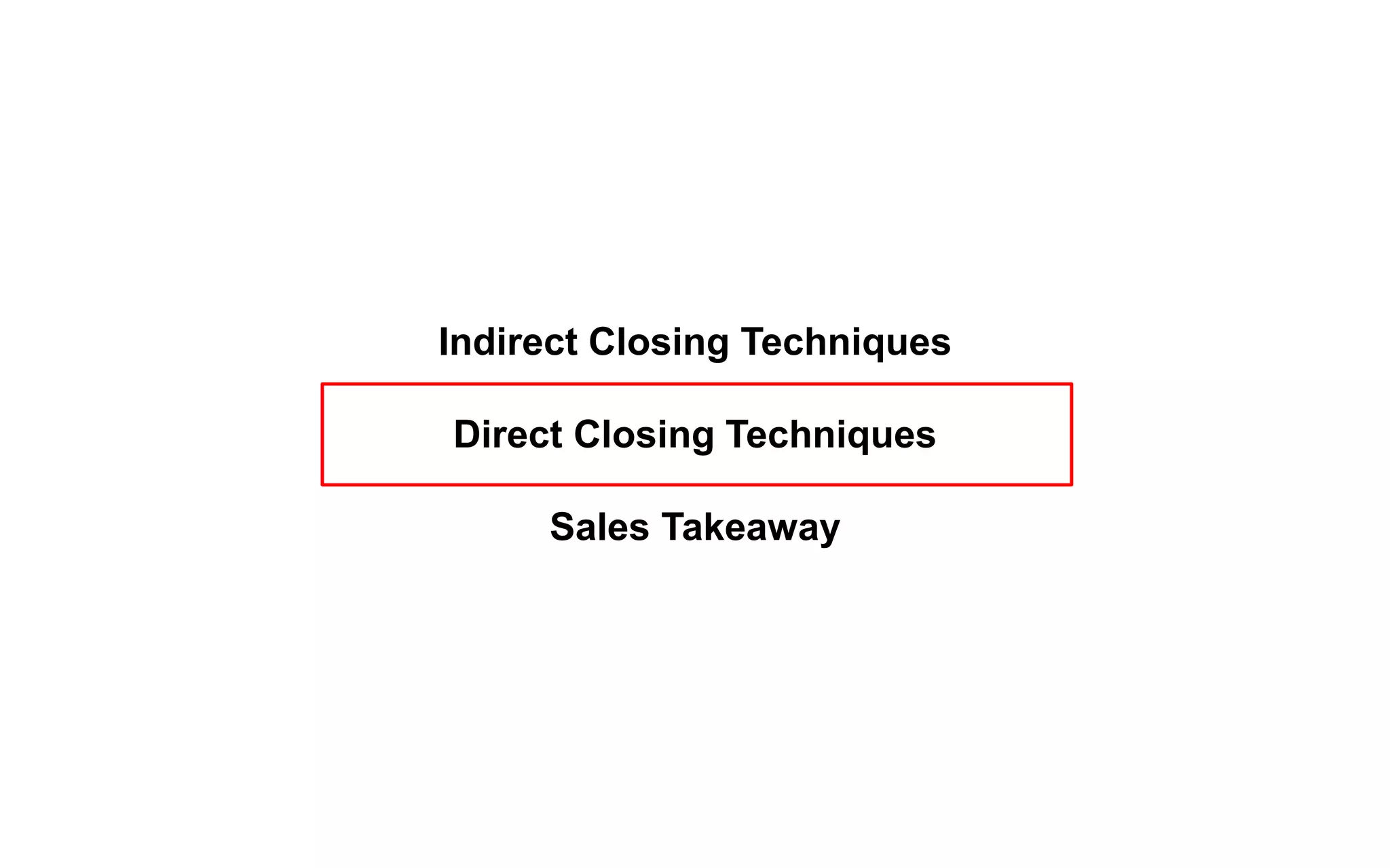 Indirect Closing Techniques
Direct Closing Techniques
Sales Takeaway
 