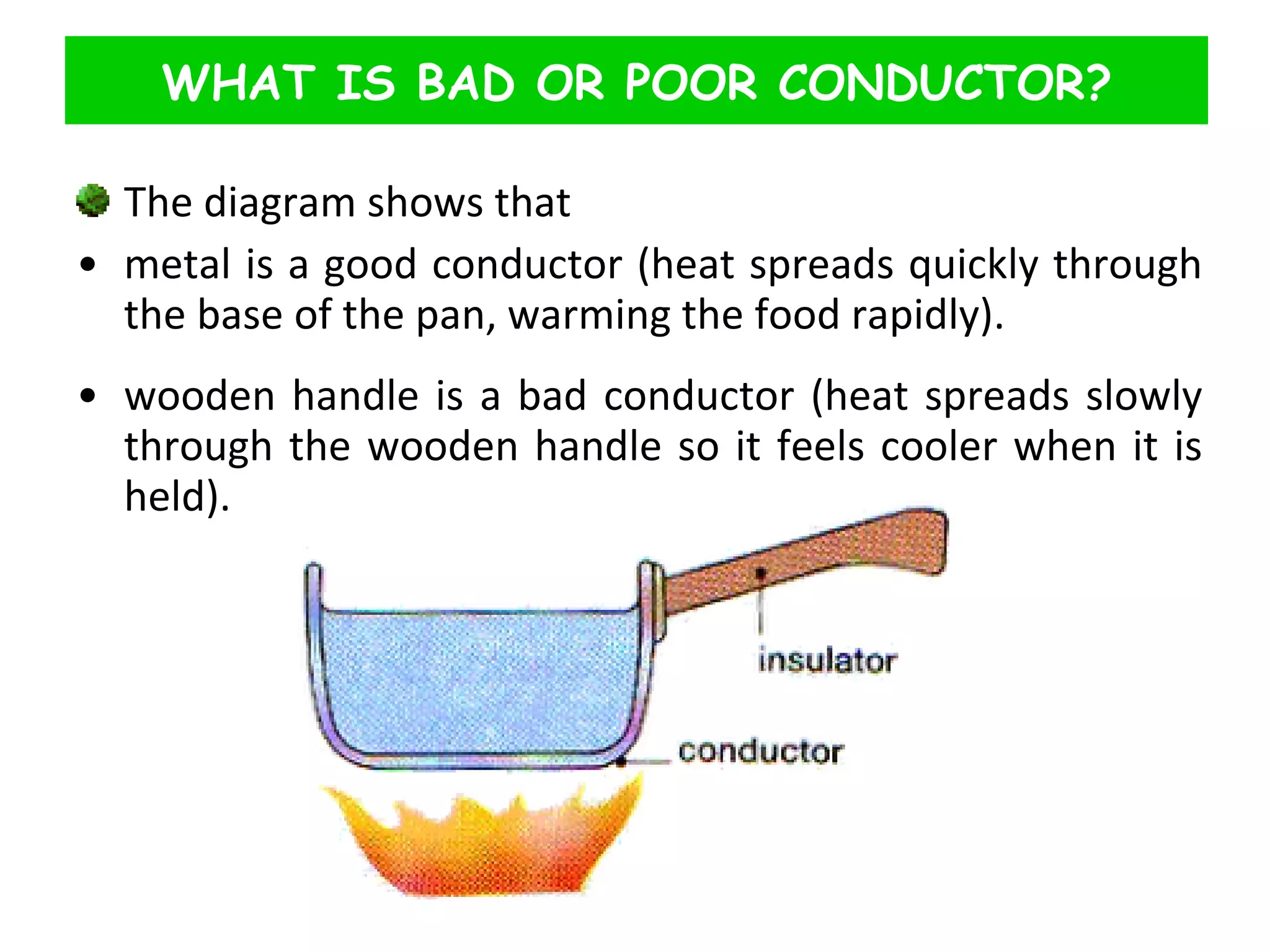 The diagram shows that  metal is a good conductor (heat spreads quickly through the base of the pan, warming the food rapidly).  wooden handle is a bad conductor (heat spreads slowly through the wooden handle so it feels cooler when it is held). WHAT IS BAD OR POOR CONDUCTOR? 
