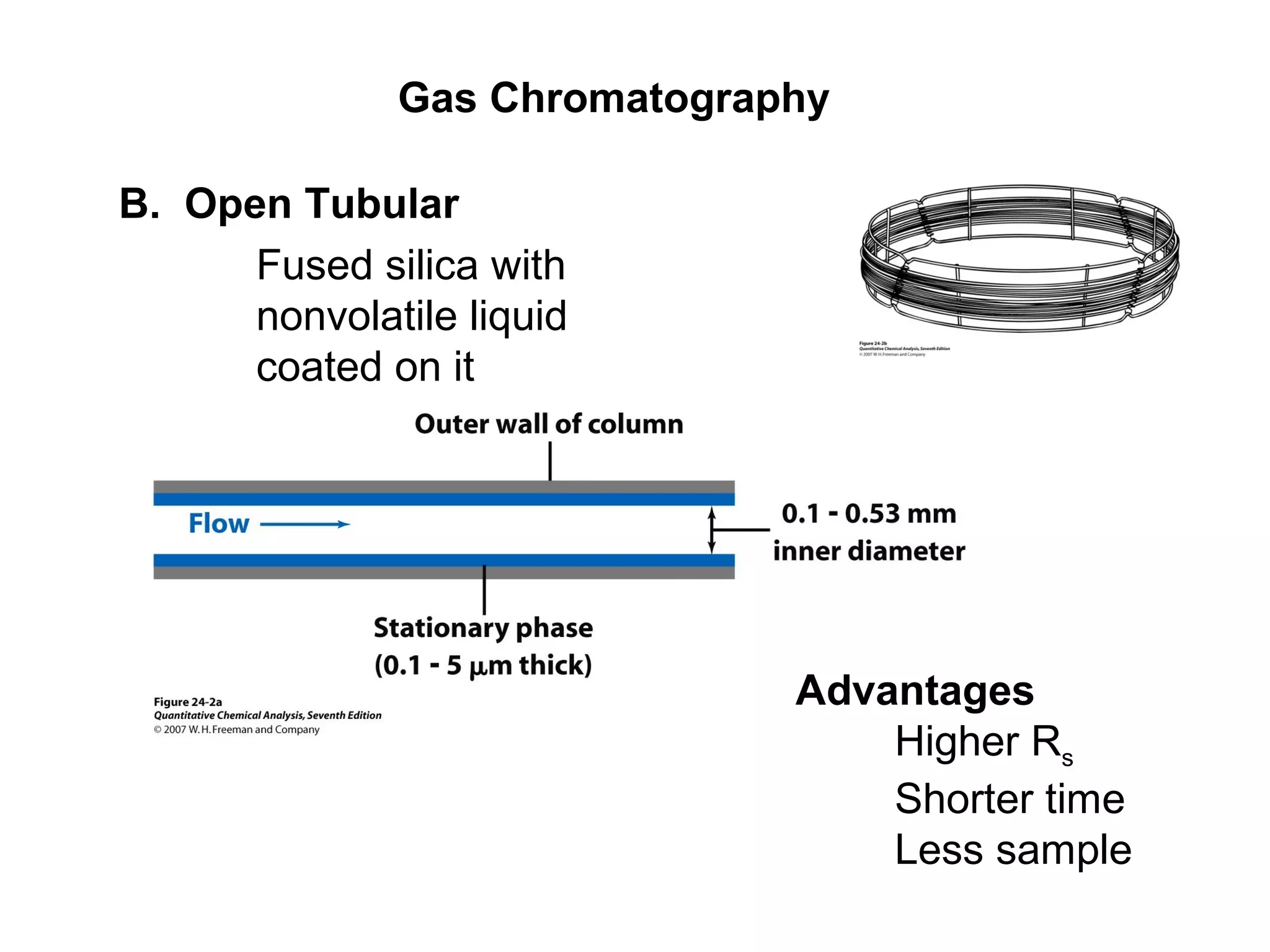 Gas Chromatography
B. Open Tubular
Fused silica with
nonvolatile liquid
coated on it
Advantages
Higher Rs
Shorter time
Less sample
 