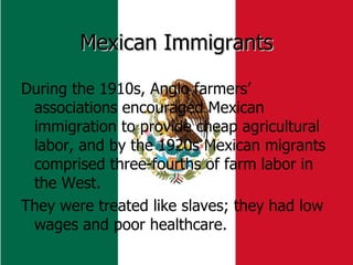 Mexican Immigrants During the 1910s, Anglo farmers’ associations encouraged Mexican immigration to provide cheap agricultural labor, and by the 1920s Mexican migrants comprised three-fourths of farm labor in the West. They were treated like slaves; they had low wages and poor healthcare. 
