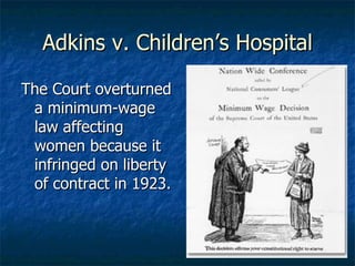 Adkins v. Children’s Hospital The Court overturned a minimum-wage law affecting women because it infringed on liberty of contract in 1923. 