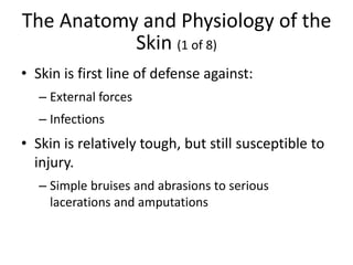 The Anatomy and Physiology of the
Skin (1 of 8)
• Skin is first line of defense against:
– External forces
– Infections
• Skin is relatively tough, but still susceptible to
injury.
– Simple bruises and abrasions to serious
lacerations and amputations
 